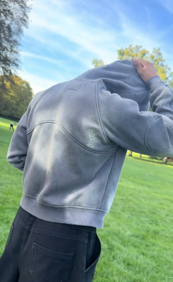 Wash Grey Zip Up Hoodie with Hidden Headphone Compartment & Arm Pocket