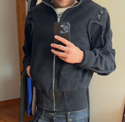 Vintage Washed Cutout Shoulder Zip Up Jacket, Stand Collar Streetwear