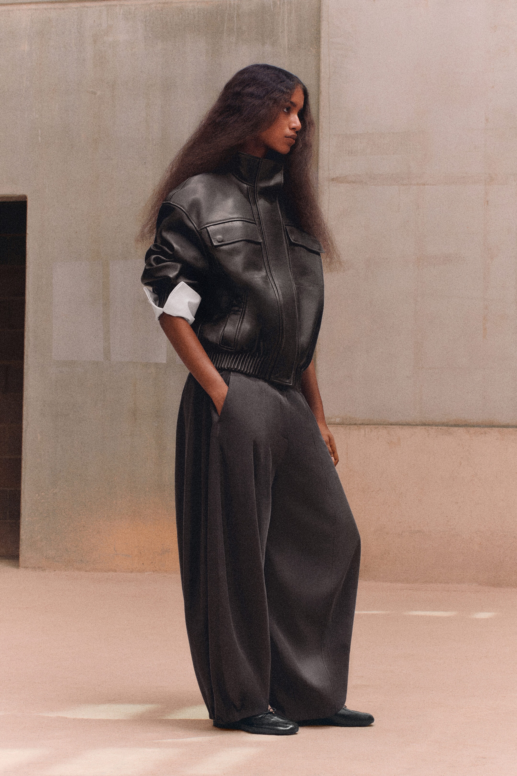 LEATHER MOCK-NECK BOMBER JACKET