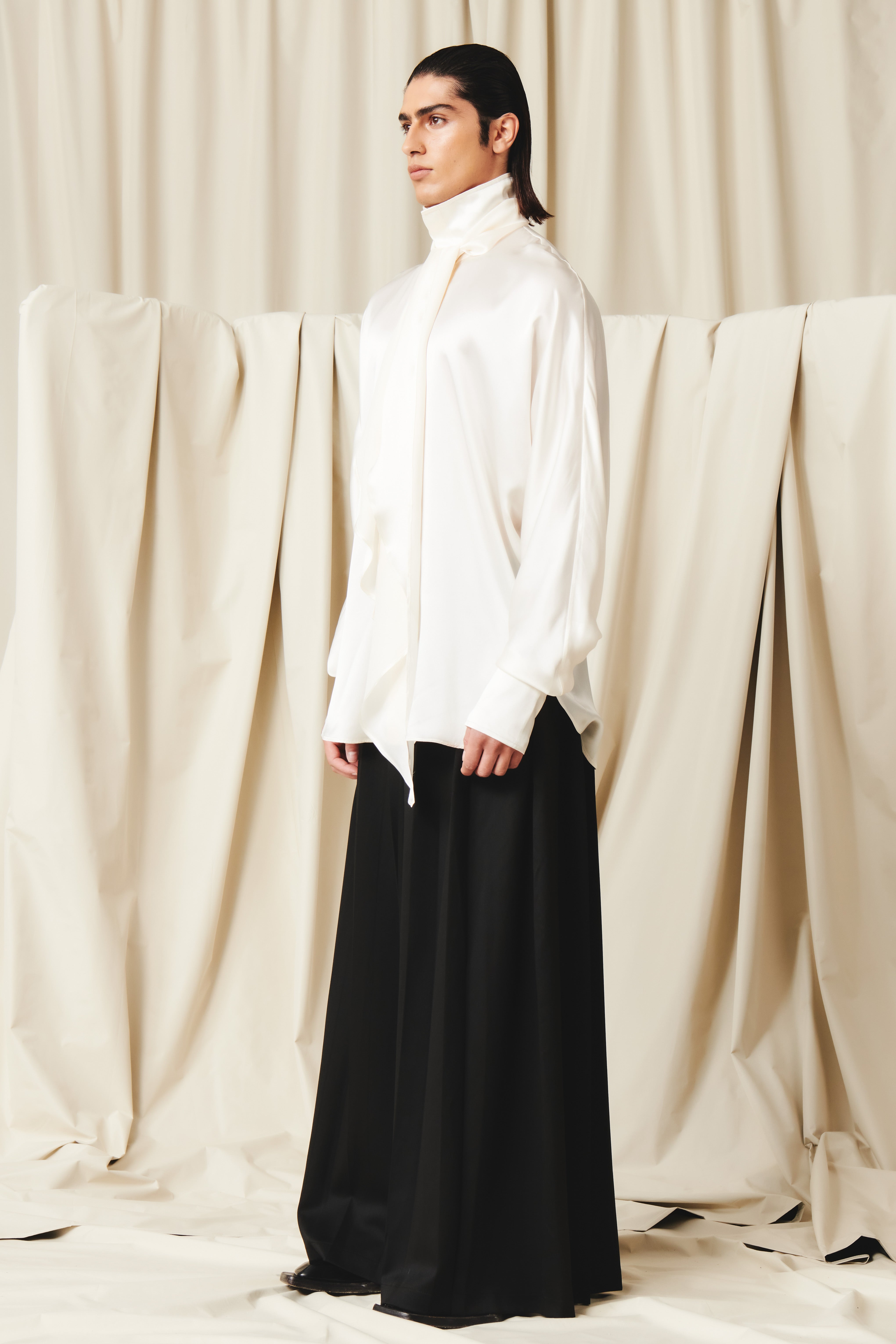 Men's Luxury Silk Tie‑Neck Oversized Shirt, Elegant High Neck Satin Blouse With Long Scarf Collar