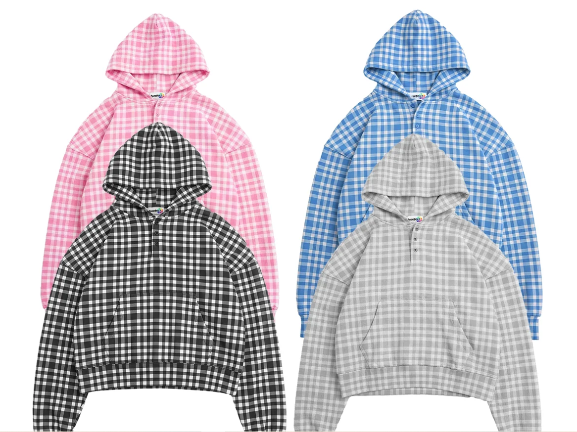 Unisex Cropped Plaid Henley Hoodie