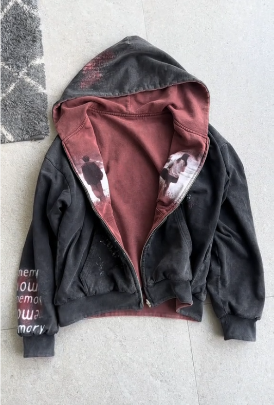 Reversible Washed Graphic Zip‑Up Hoodie