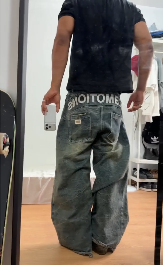 Men Vintage Baggy Wide‑Leg Letter Print Jeans