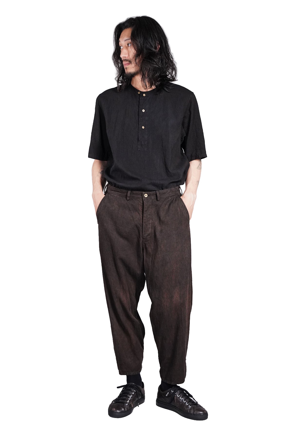 Distressed Retro Linen Cropped Trousers Back Buckle Waist Design