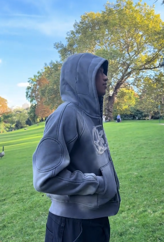 Wash Grey Zip Up Hoodie with Hidden Headphone Compartment & Arm Pocket
