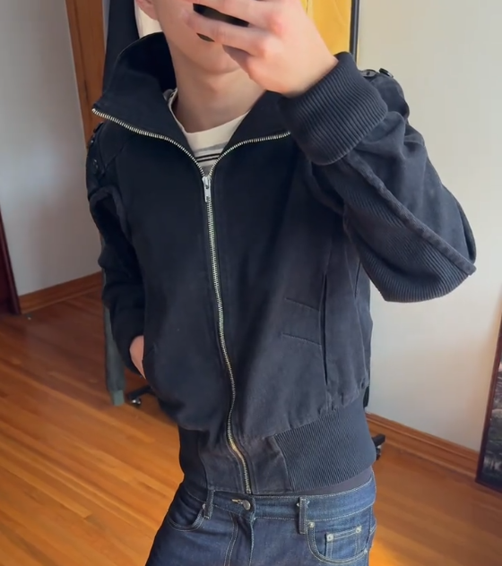 Vintage Washed Cutout Shoulder Zip Up Jacket, Stand Collar Streetwear