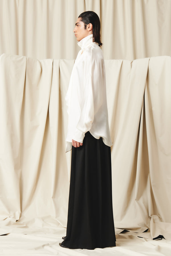 Men's Luxury Silk Tie‑Neck Oversized Shirt, Elegant High Neck Satin Blouse With Long Scarf Collar