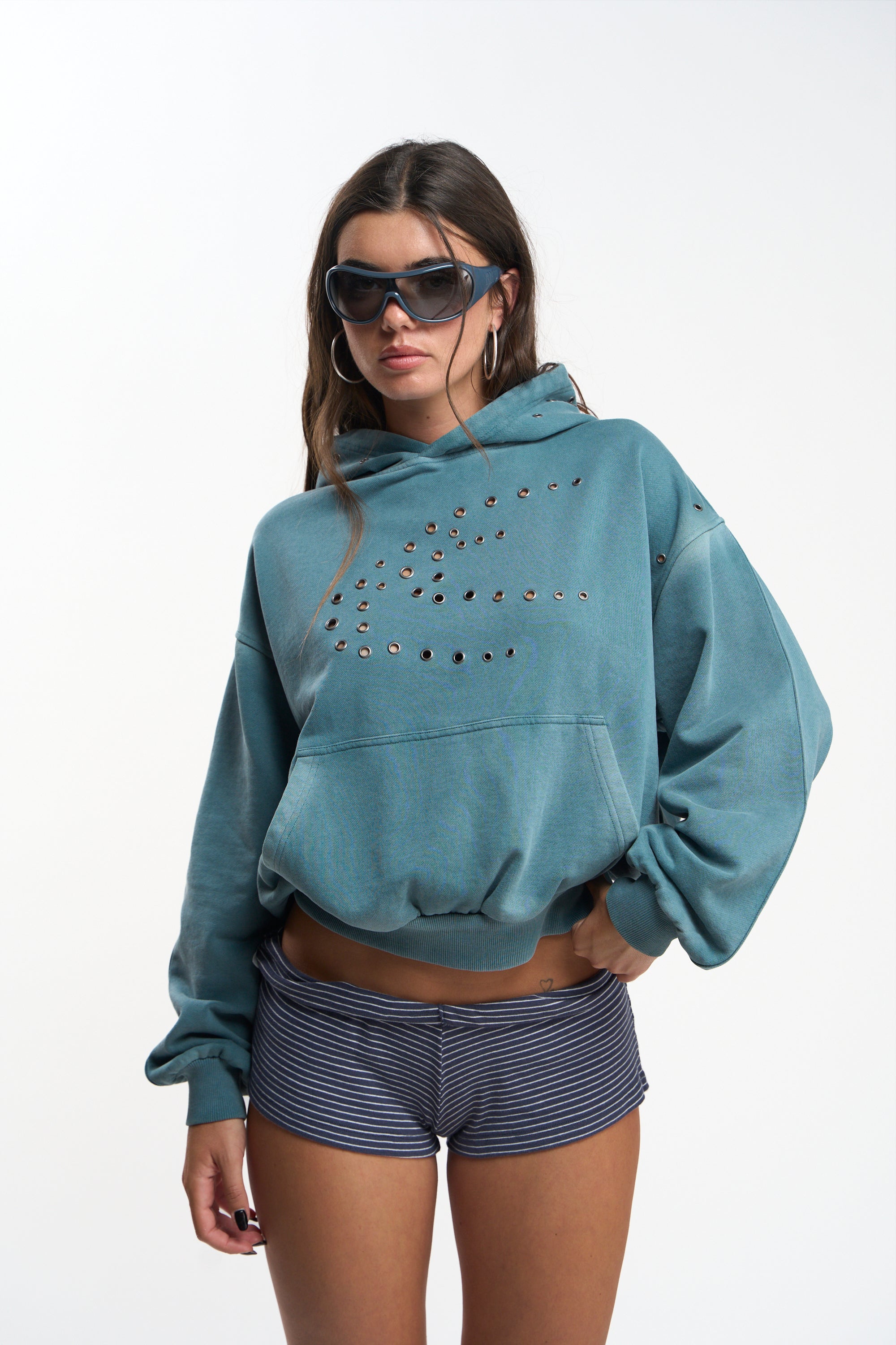 Washed Teal Metal Eyelet Hoodie