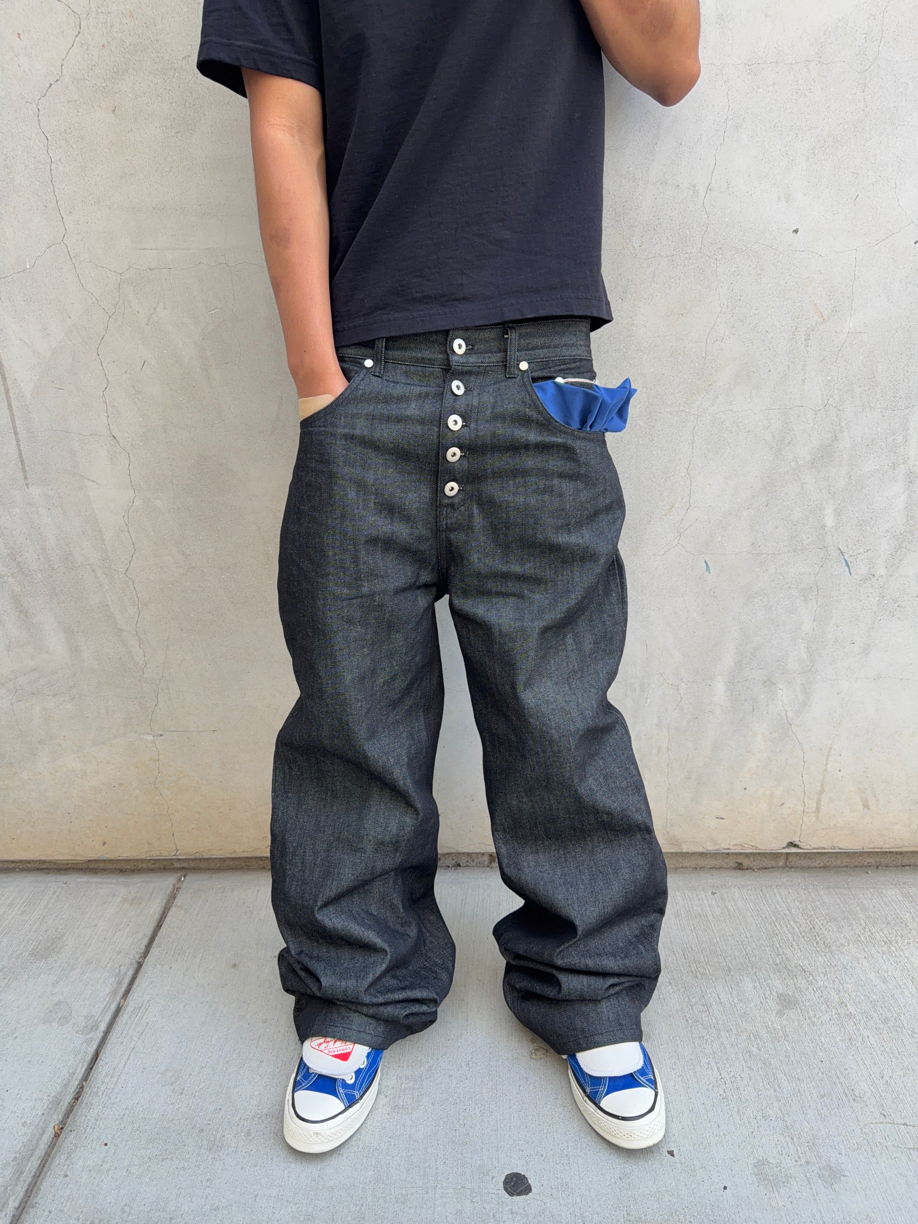 Raw Denim Baggy Button‑Fly Jeans