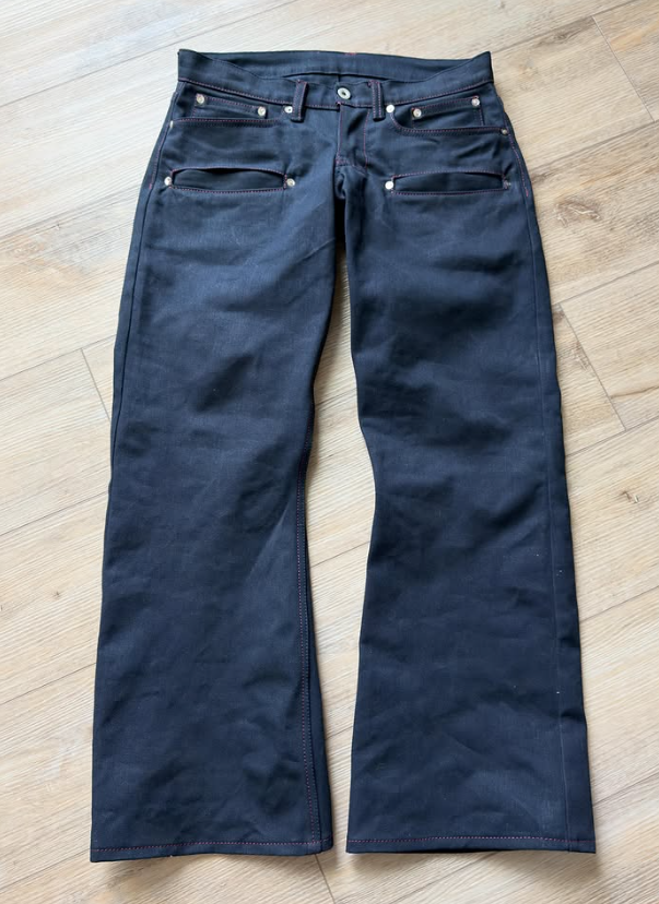 12 Pockets Multi‑Utility Bootcut Jeans, Raw Indigo Denim Pants with Red Contrast Stitching Rivet Decor