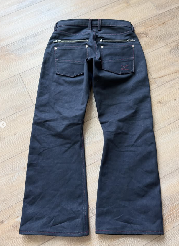 12 Pockets Multi‑Utility Bootcut Jeans, Raw Indigo Denim Pants with Red Contrast Stitching Rivet Decor