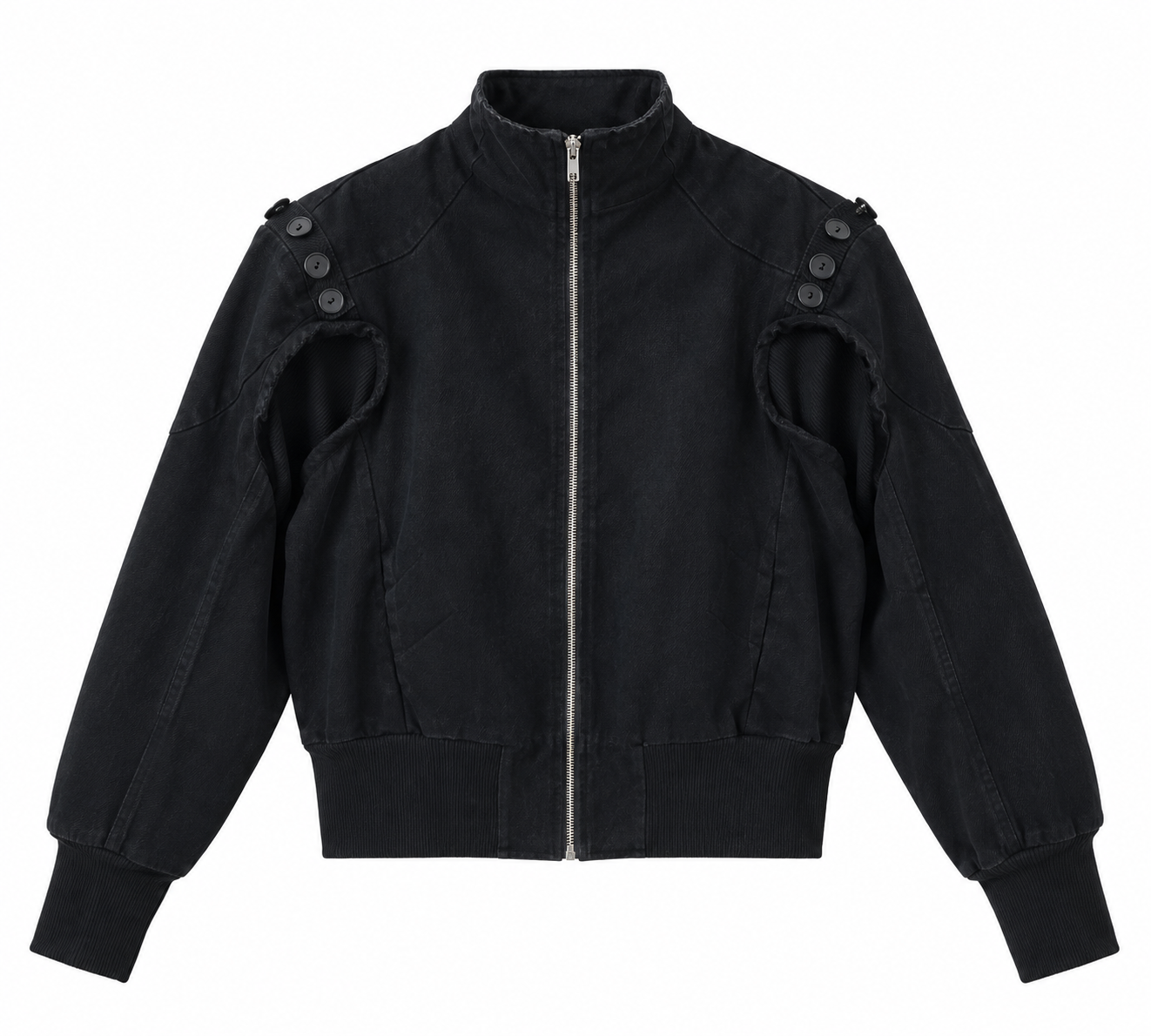 Vintage Washed Cutout Shoulder Zip Up Jacket, Stand Collar Streetwear