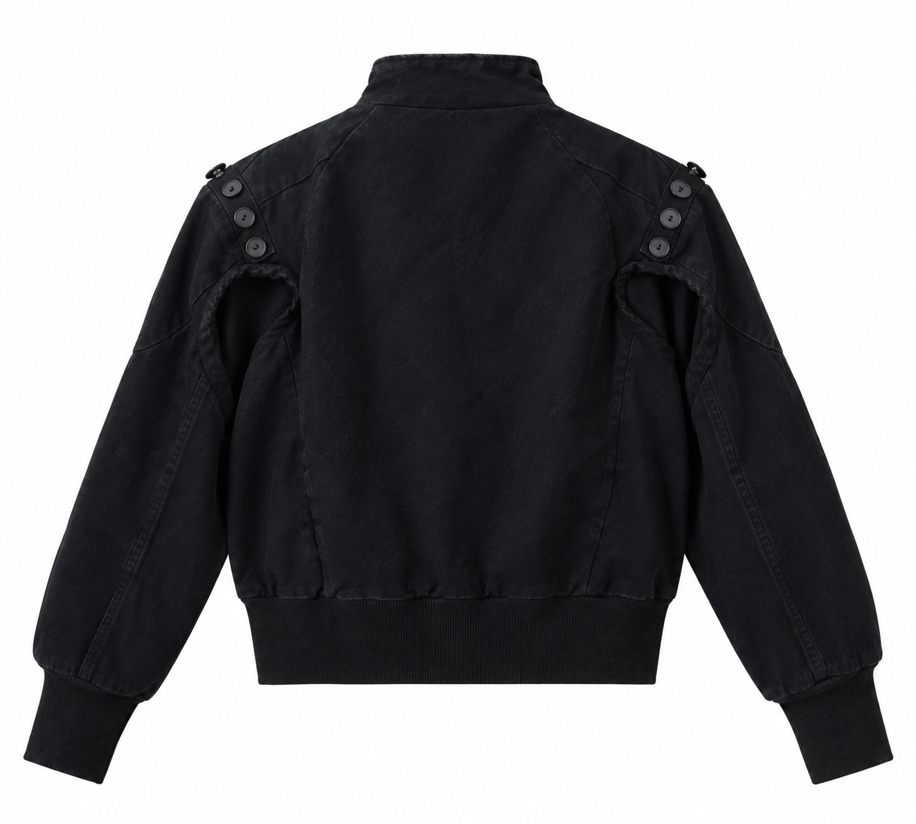 Vintage Washed Cutout Shoulder Zip Up Jacket, Stand Collar Streetwear