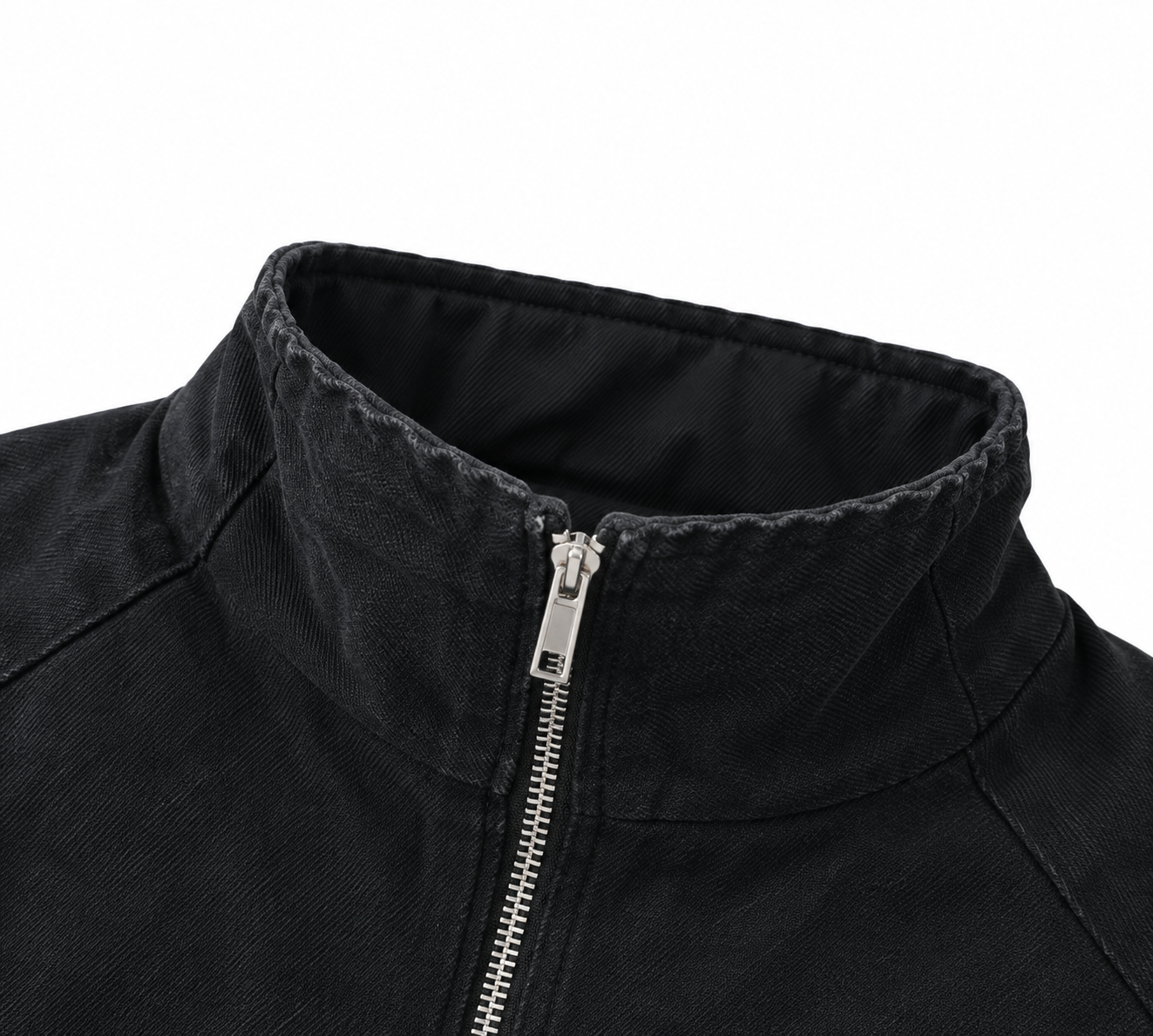 Vintage Washed Cutout Shoulder Zip Up Jacket, Stand Collar Streetwear