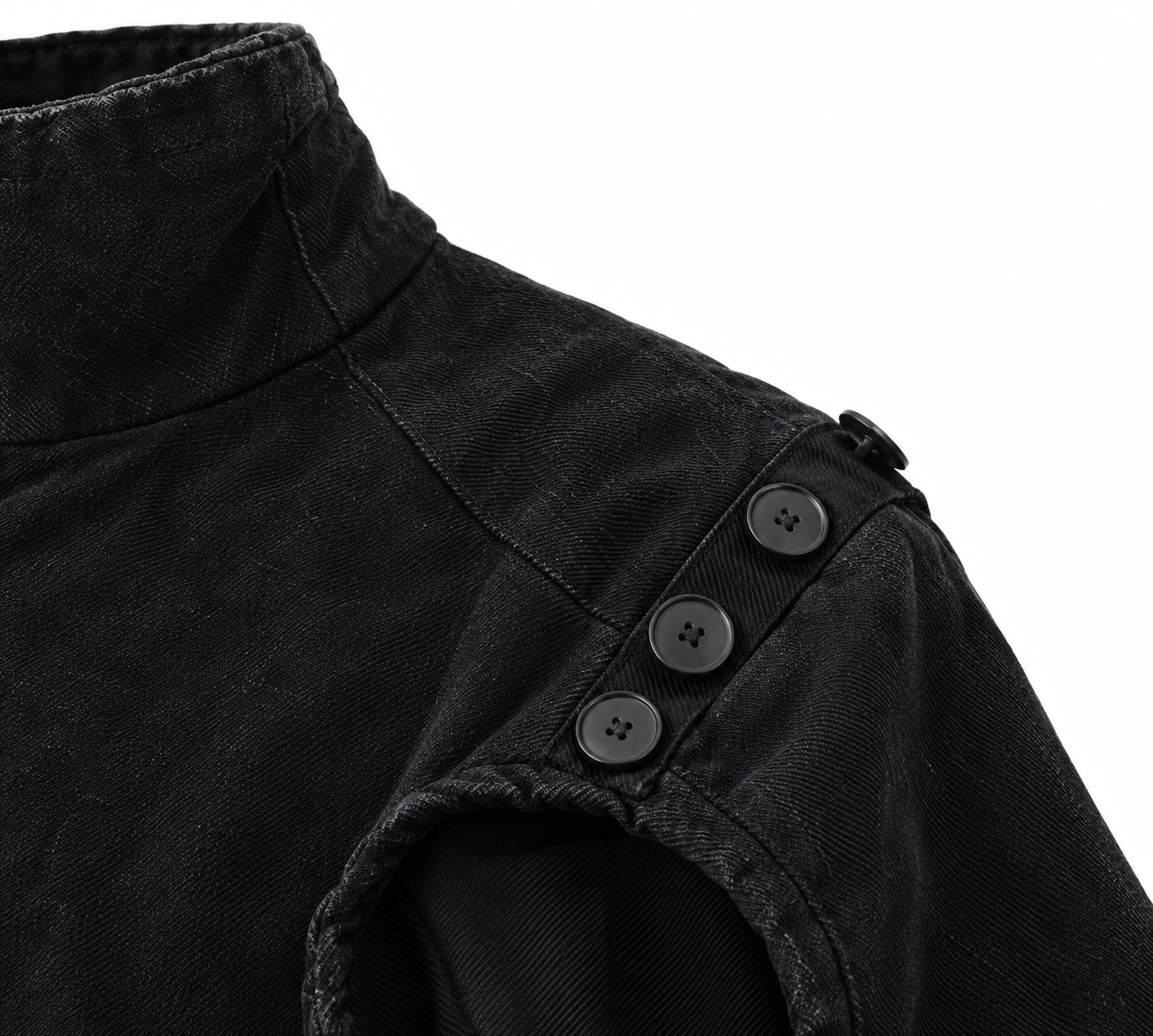 Vintage Washed Cutout Shoulder Zip Up Jacket, Stand Collar Streetwear