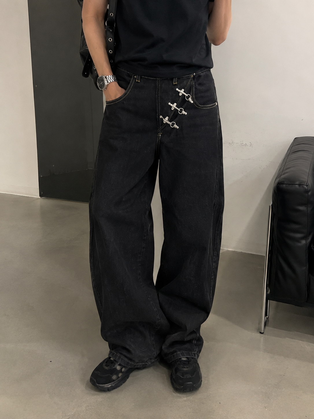 Silver Clasp Wide-Leg Jeans