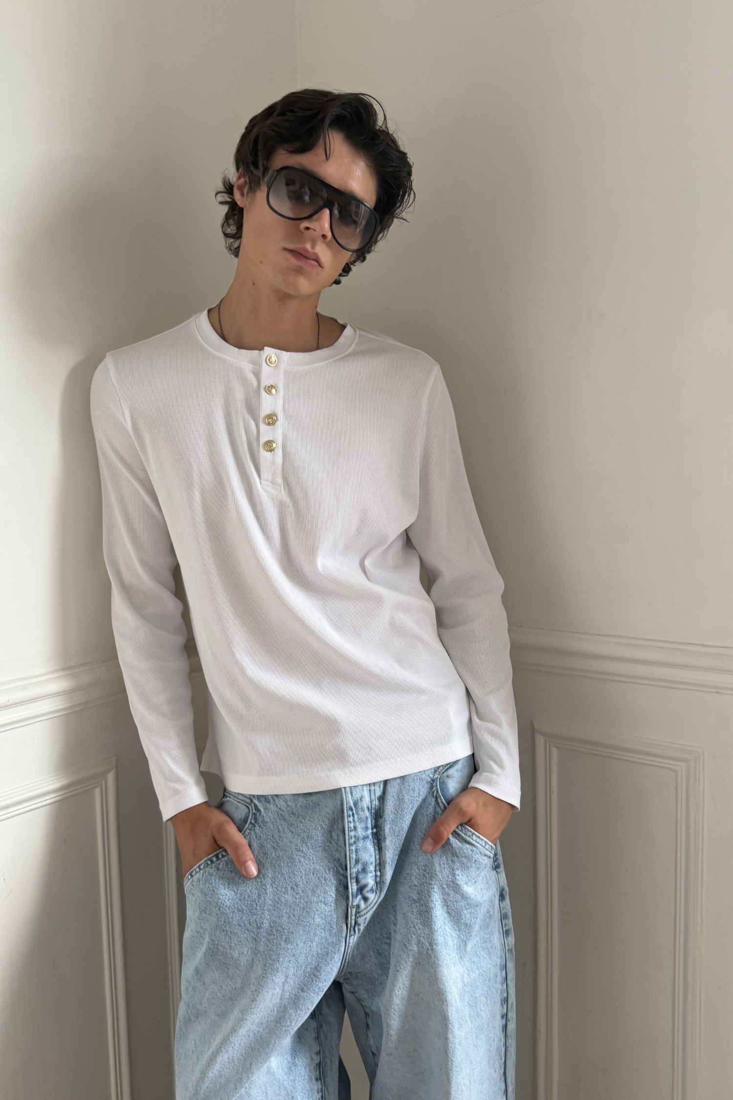 Metal Button Henley Waffle Long‑Sleeve Top