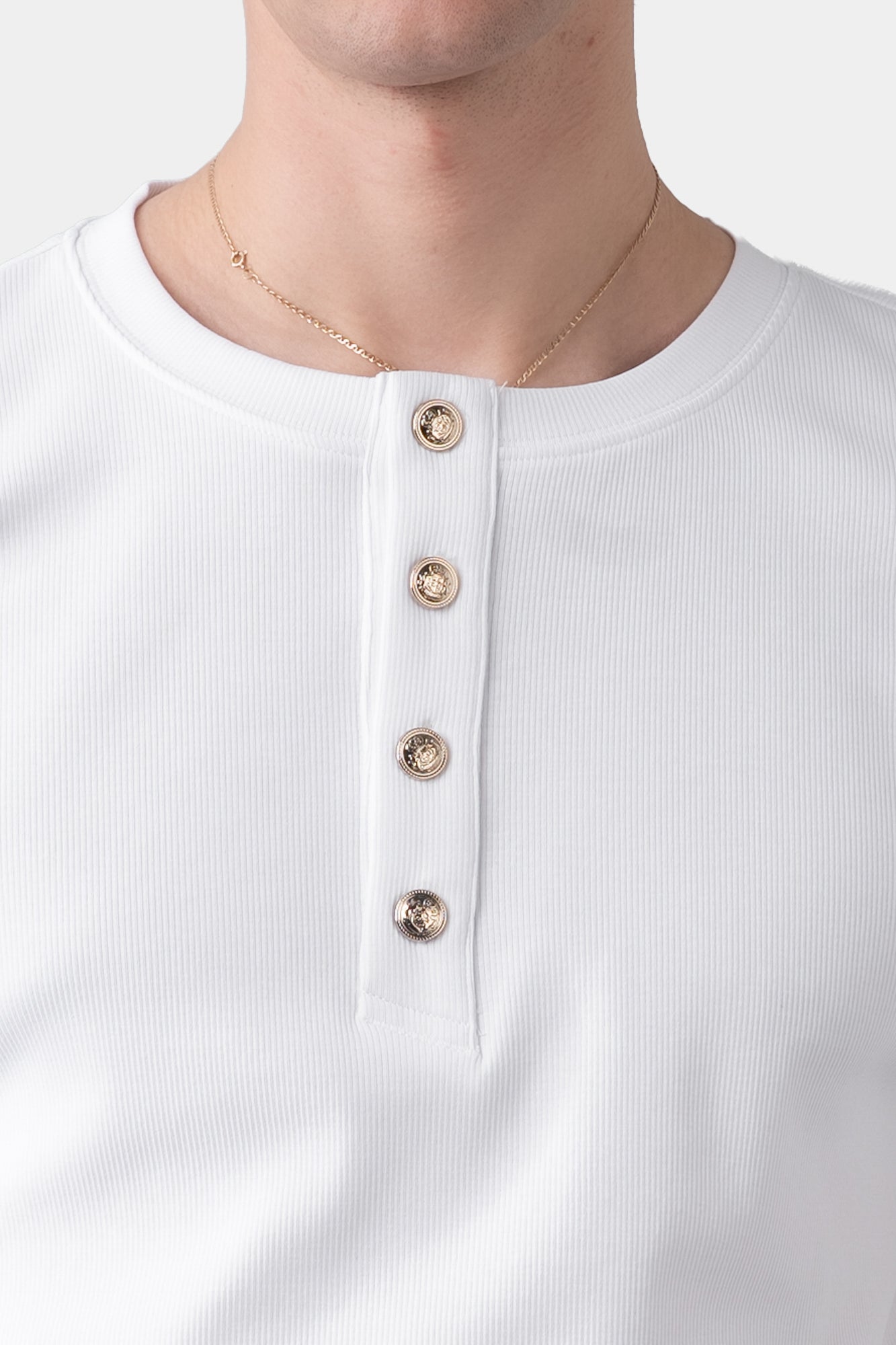 Metal Button Henley Waffle Long‑Sleeve Top