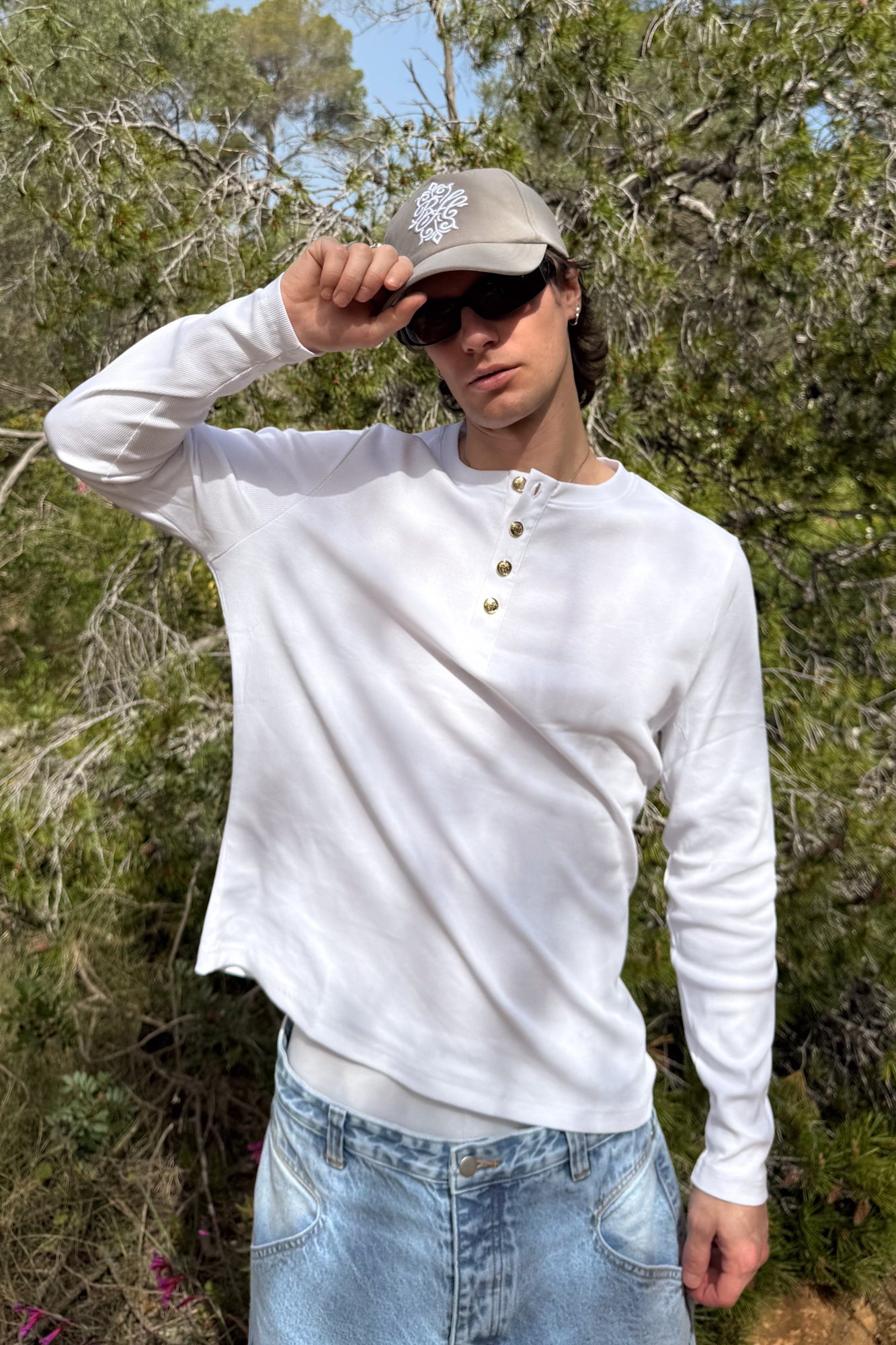 Metal Button Henley Waffle Long‑Sleeve Top