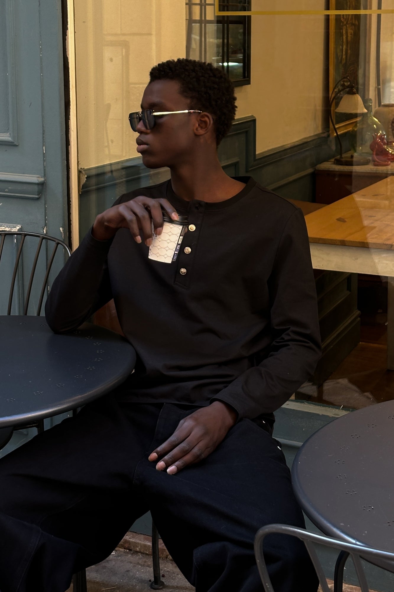 Metal Button Henley Waffle Long‑Sleeve Top