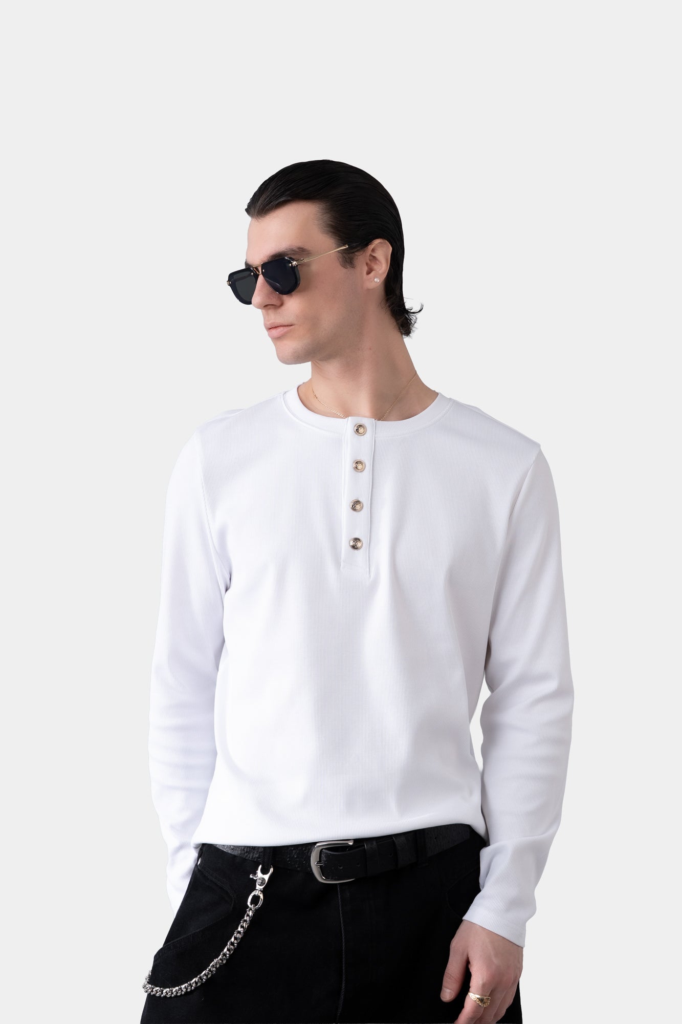 Metal Button Henley Waffle Long‑Sleeve Top