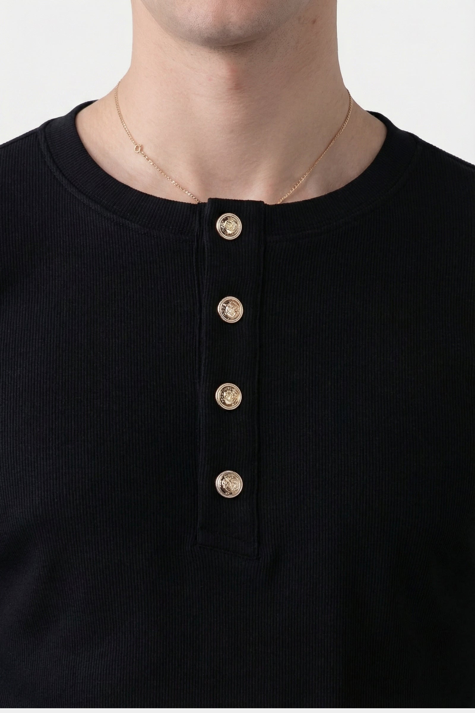 Metal Button Henley Waffle Long‑Sleeve Top