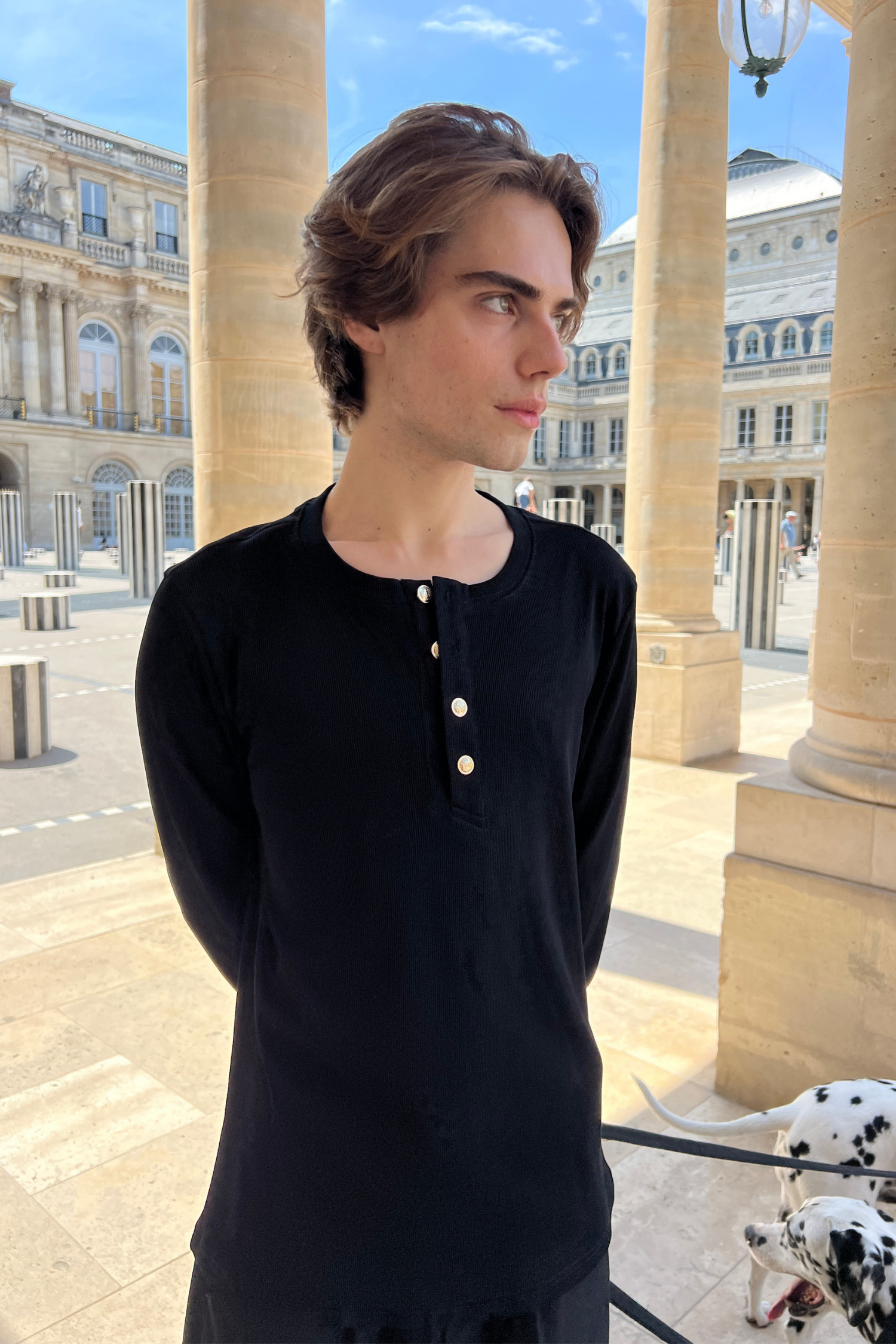 Metal Button Henley Waffle Long‑Sleeve Top