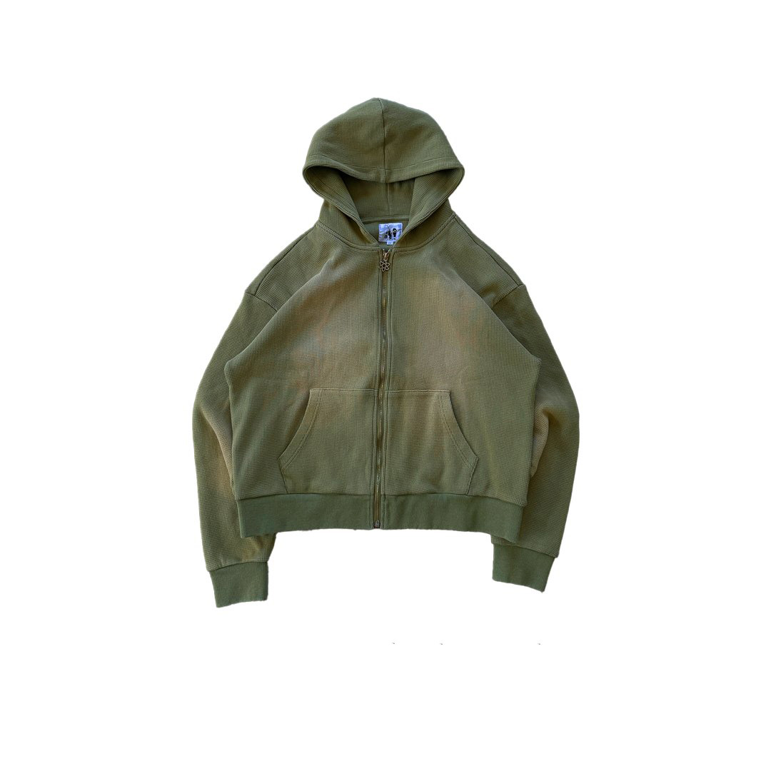Washed Waffle Knit Cropped Zip Hoodie