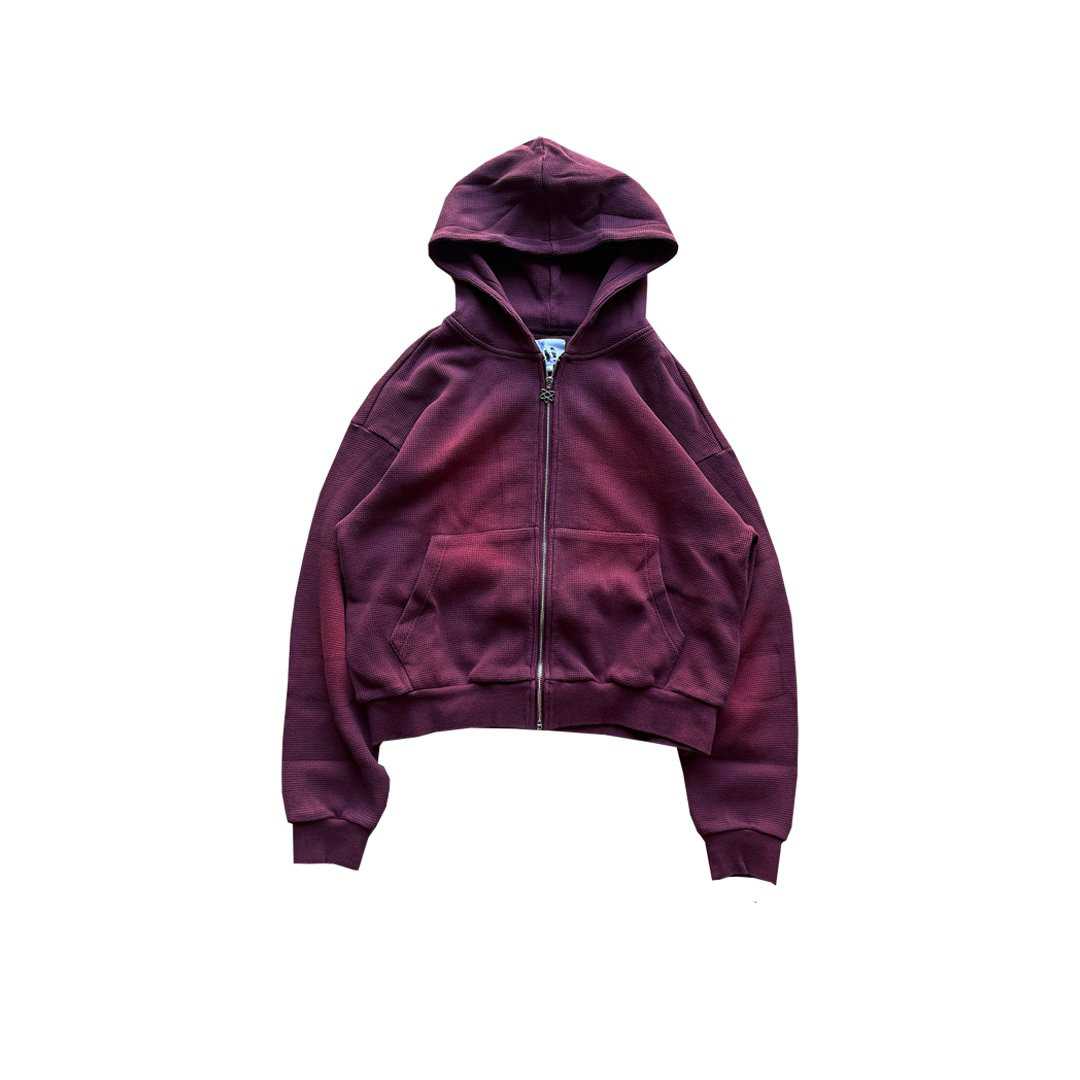 Washed Waffle Knit Cropped Zip Hoodie