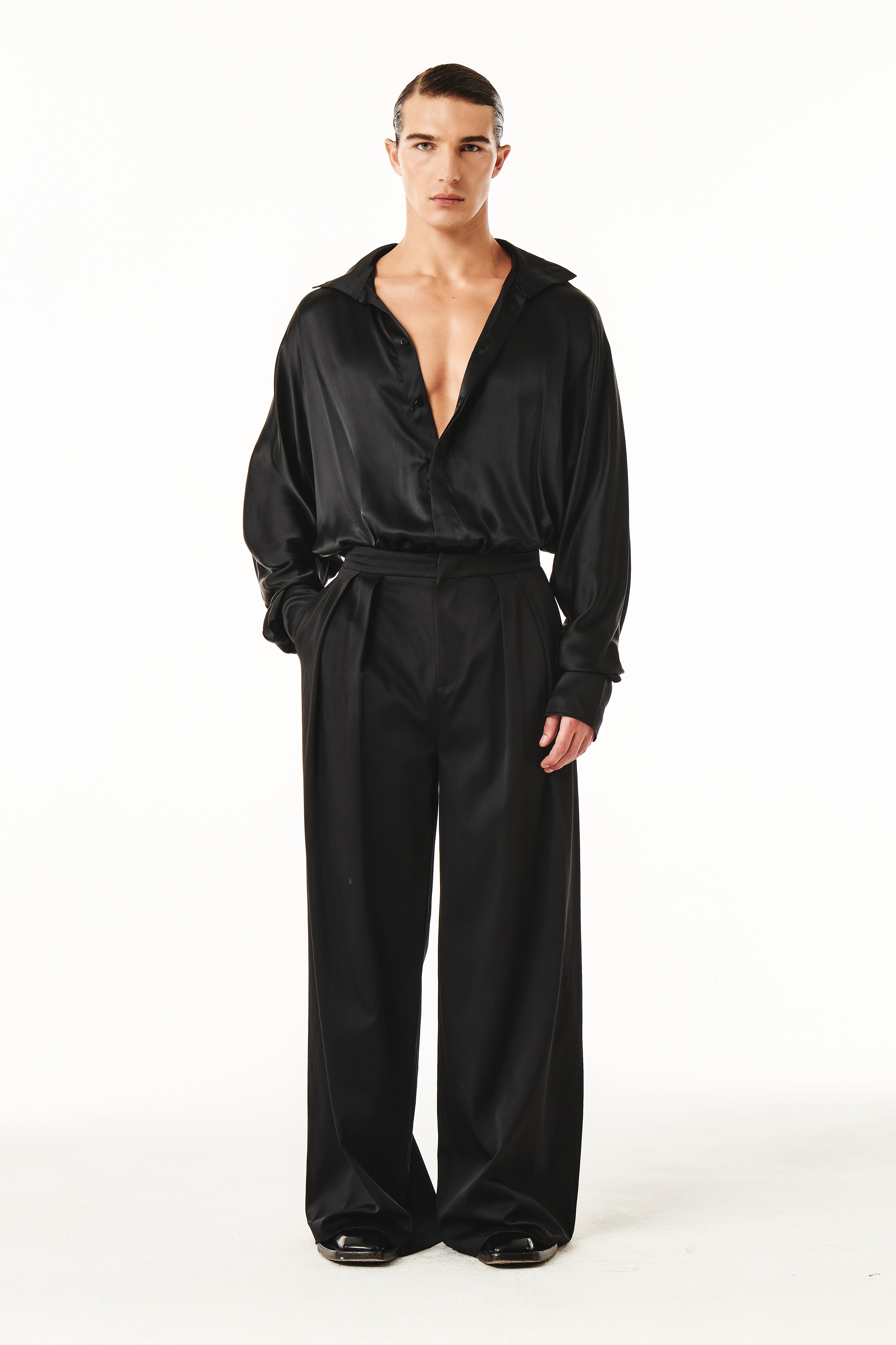 Men's Luxury Silk Tie‑Neck Oversized Shirt, Elegant High Neck Satin Blouse With Long Scarf Collar