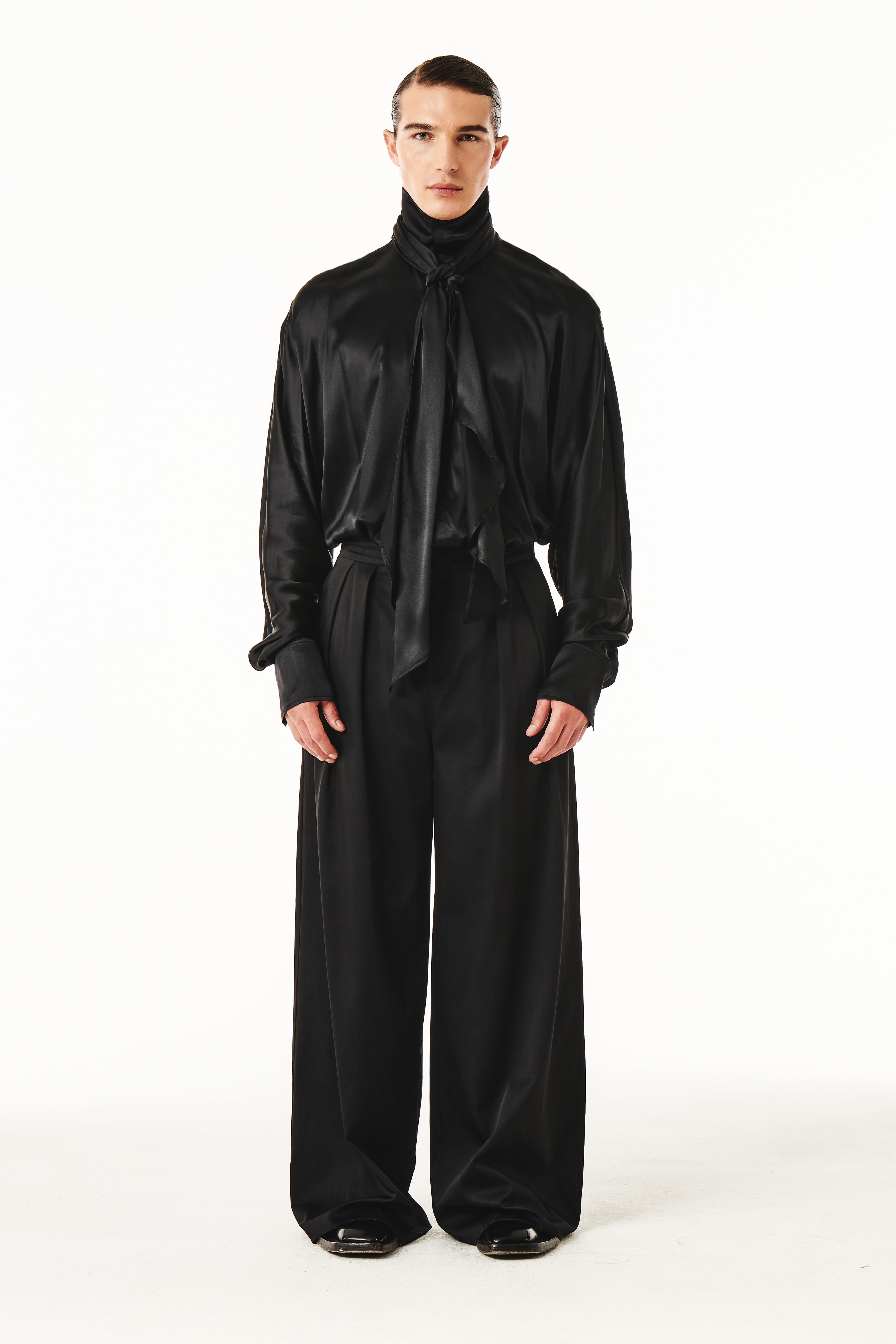 Men's Luxury Silk Tie‑Neck Oversized Shirt, Elegant High Neck Satin Blouse With Long Scarf Collar