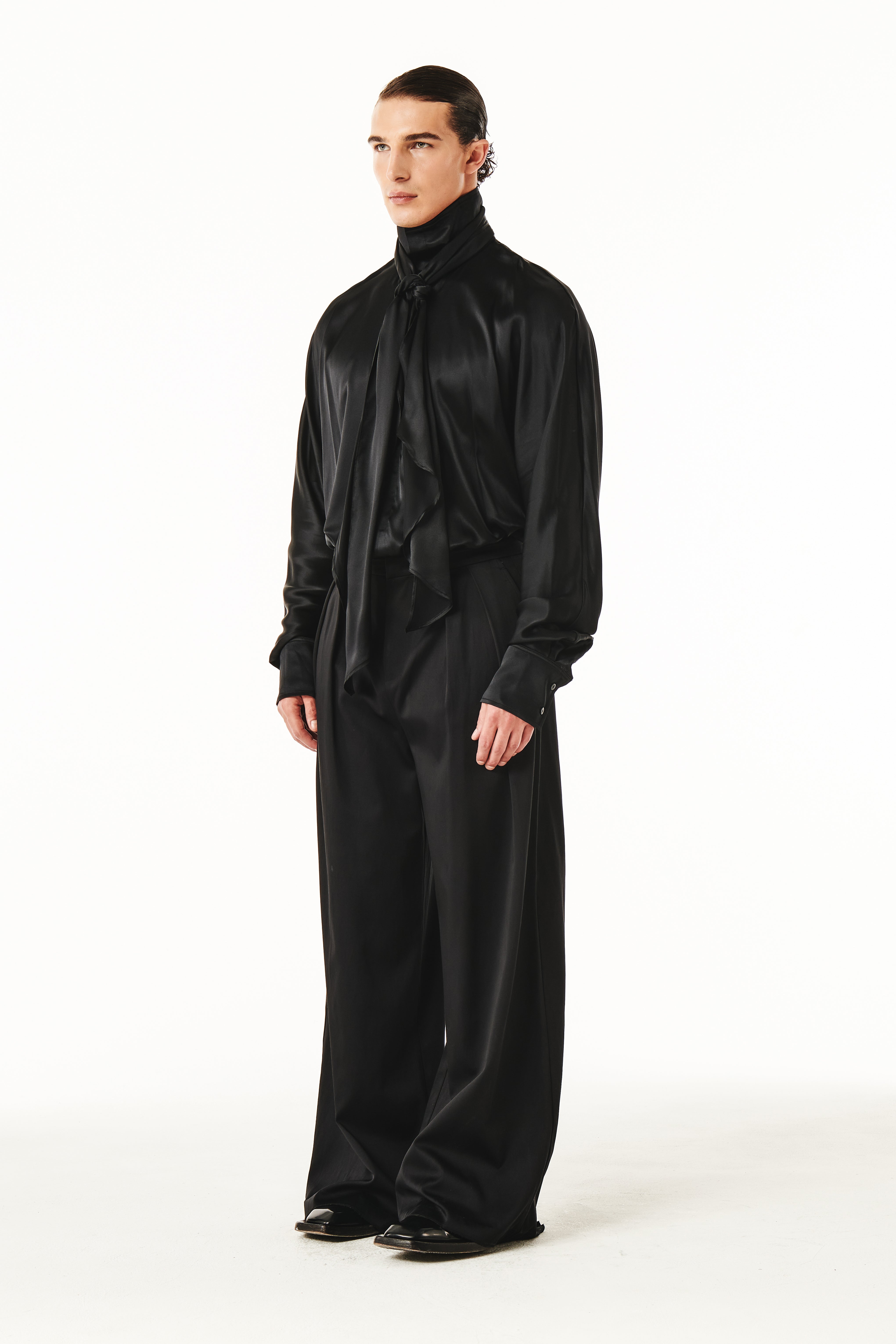 Men's Luxury Silk Tie‑Neck Oversized Shirt, Elegant High Neck Satin Blouse With Long Scarf Collar
