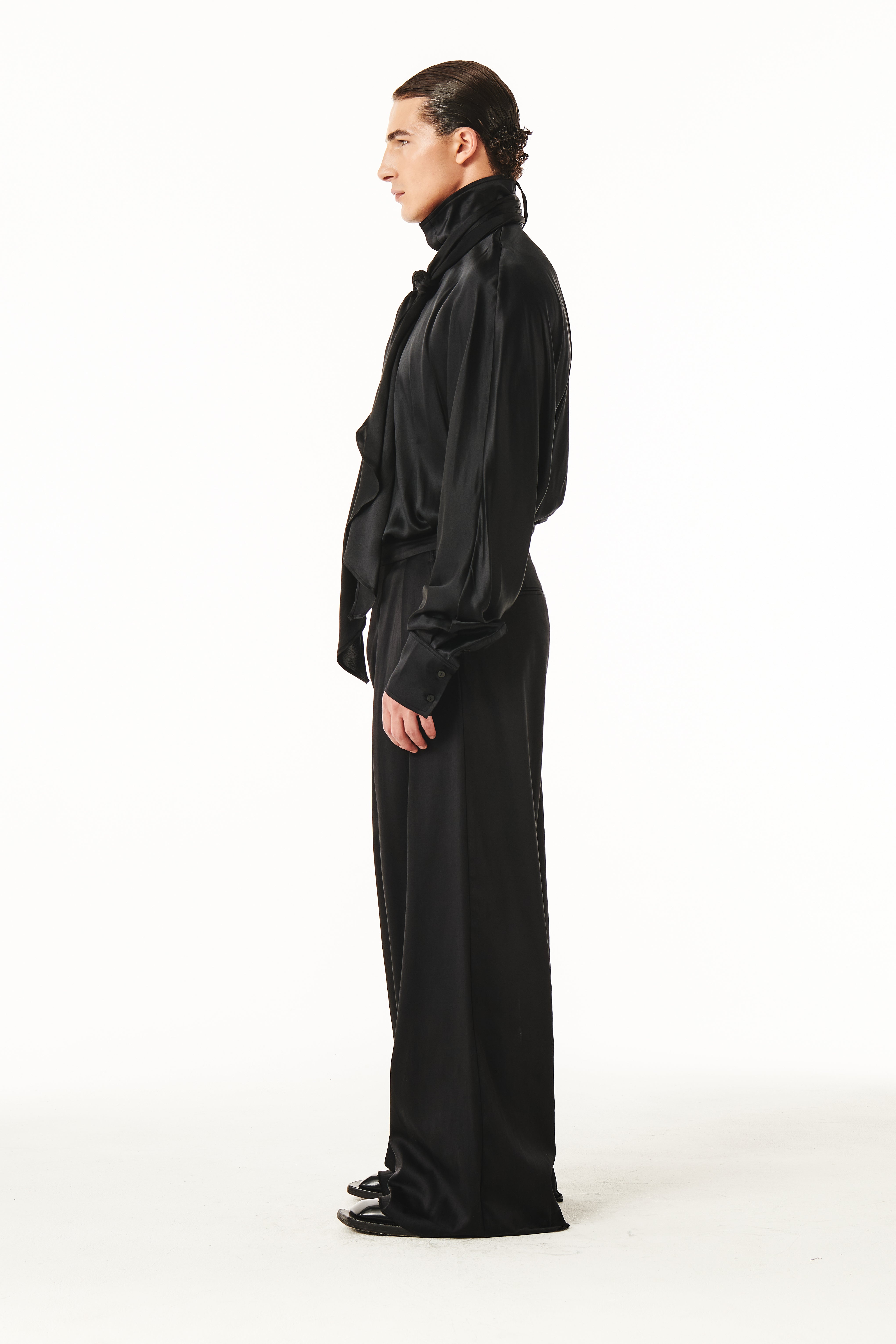 Men's Luxury Silk Tie‑Neck Oversized Shirt, Elegant High Neck Satin Blouse With Long Scarf Collar