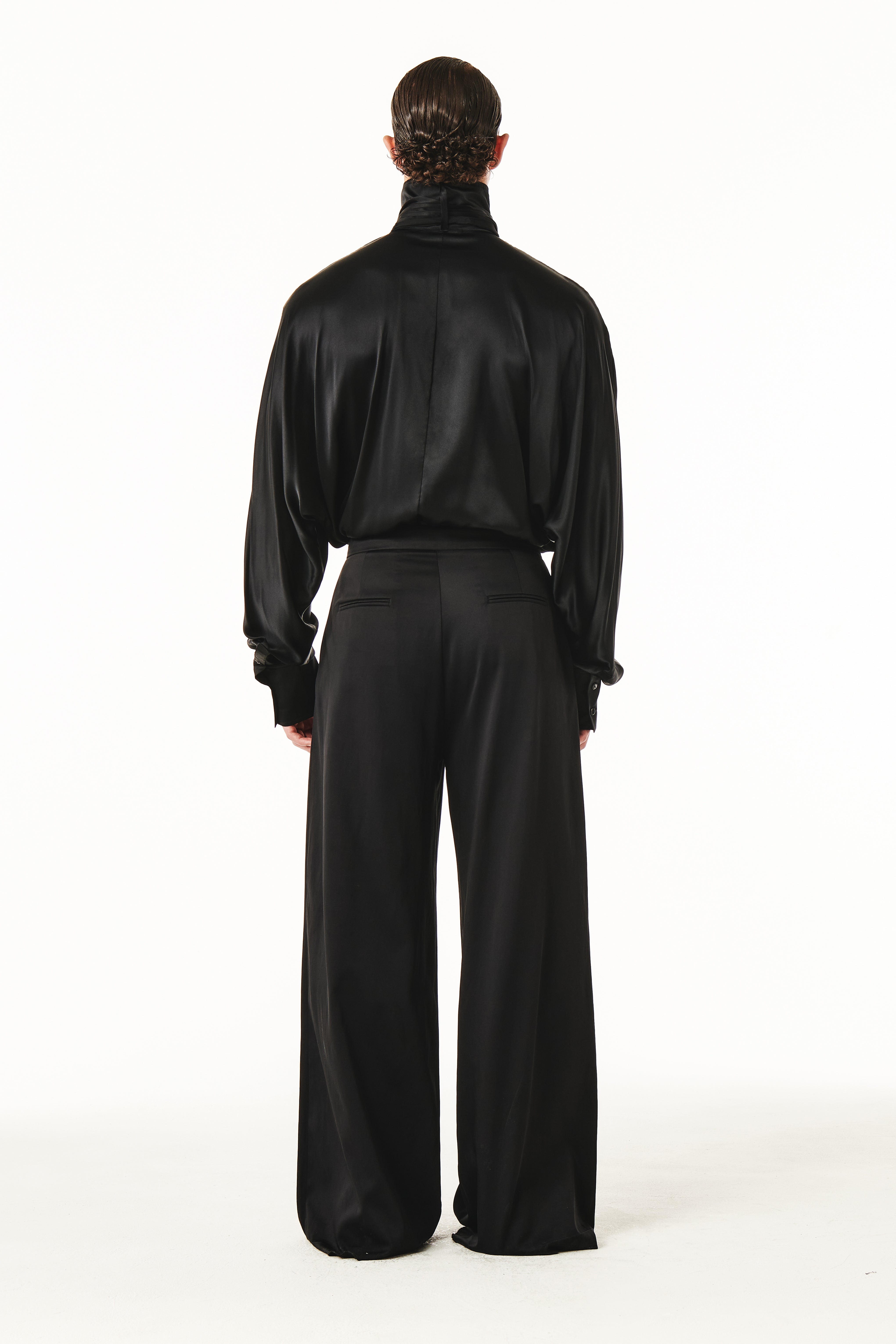 Men's Luxury Silk Tie‑Neck Oversized Shirt, Elegant High Neck Satin Blouse With Long Scarf Collar