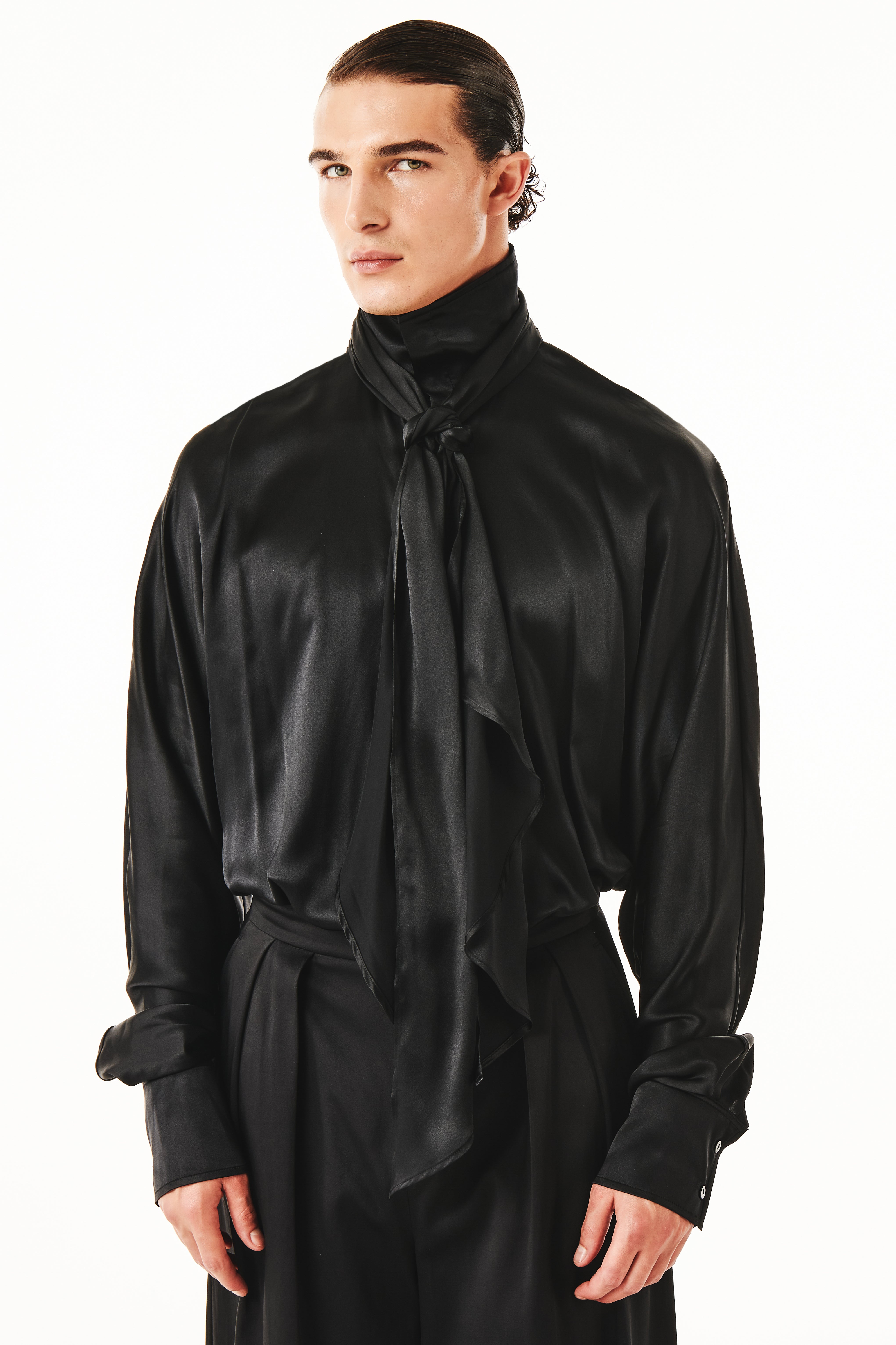 Men's Luxury Silk Tie‑Neck Oversized Shirt, Elegant High Neck Satin Blouse With Long Scarf Collar