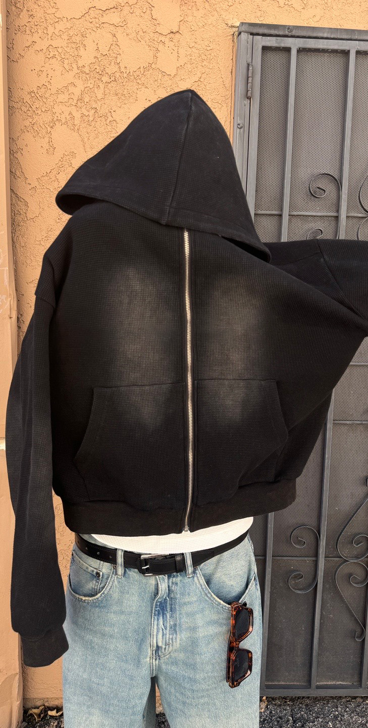 Washed Waffle Knit Cropped Zip Hoodie