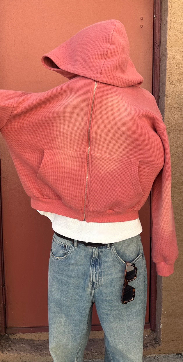 Washed Waffle Knit Cropped Zip Hoodie