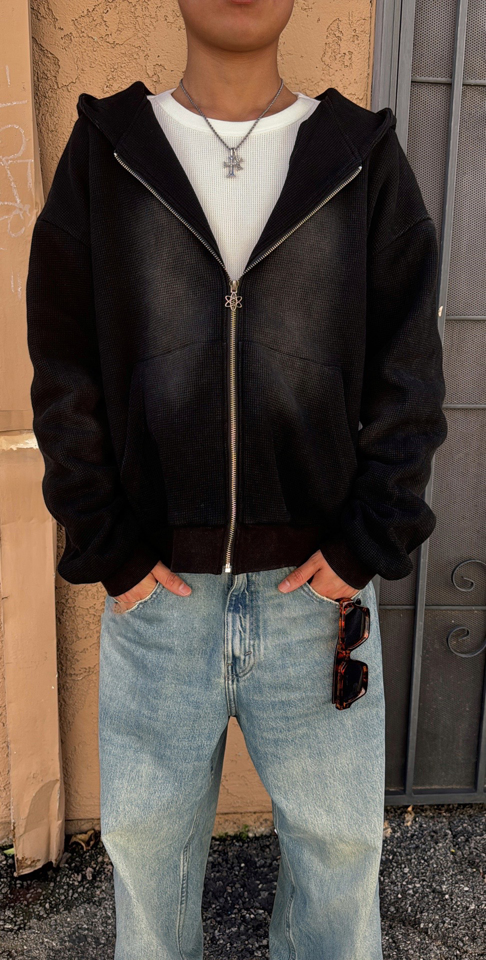 Washed Waffle Knit Cropped Zip Hoodie
