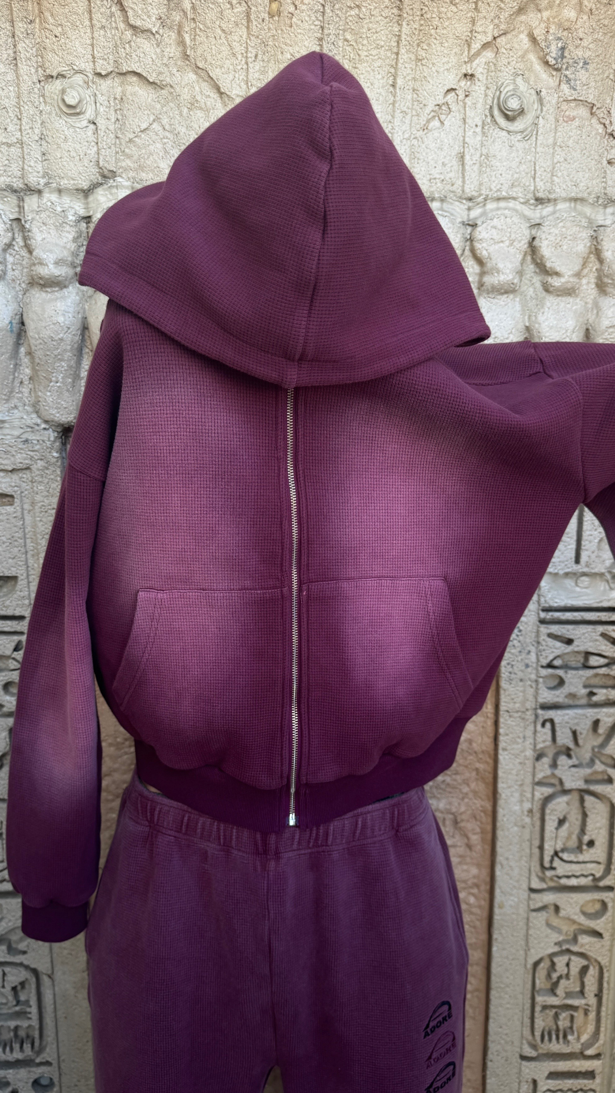 Washed Waffle Knit Cropped Zip Hoodie