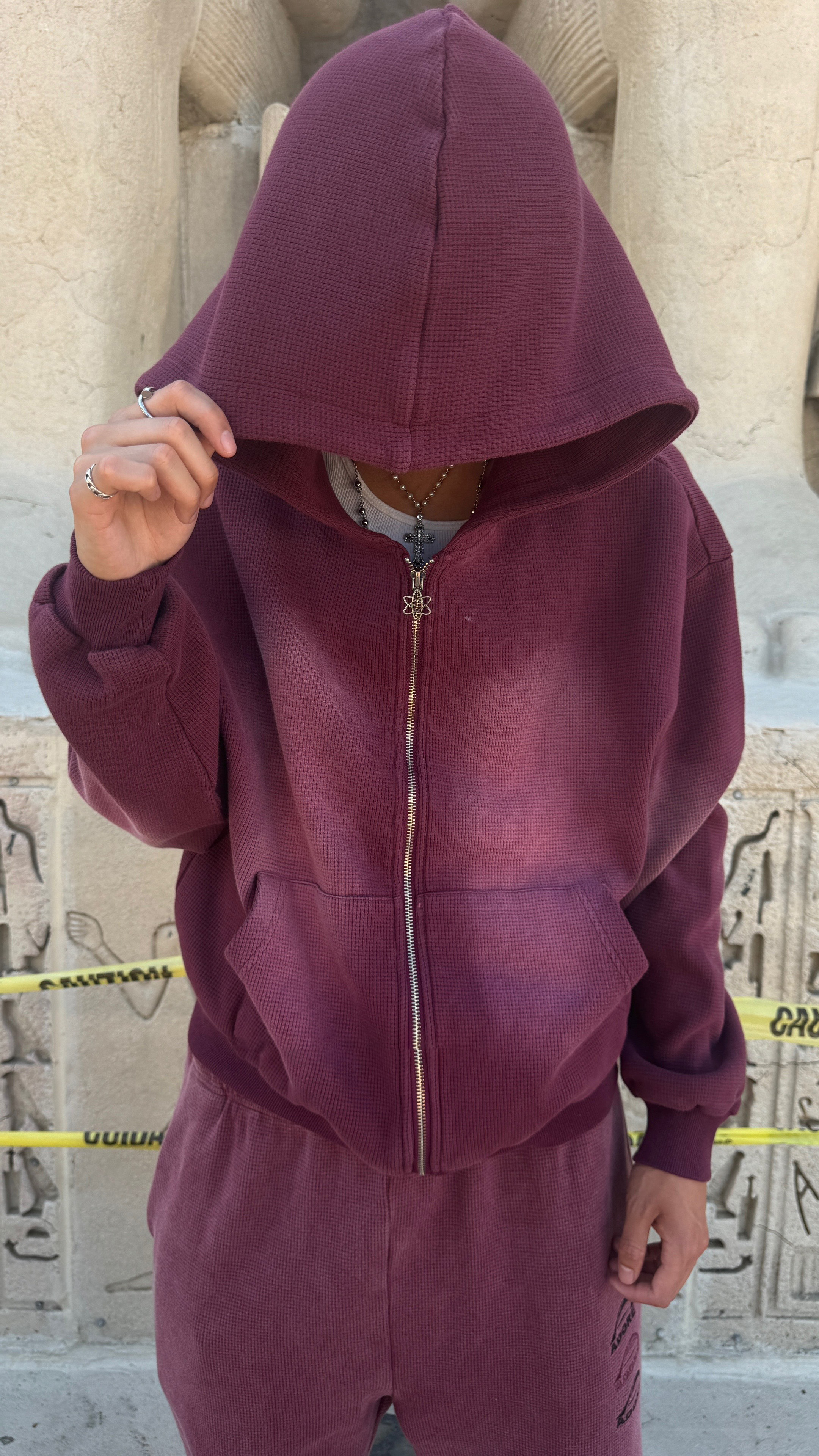 Washed Waffle Knit Cropped Zip Hoodie