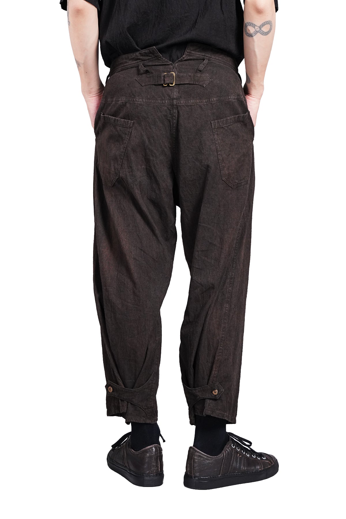 Distressed Retro Linen Cropped Trousers Back Buckle Waist Design