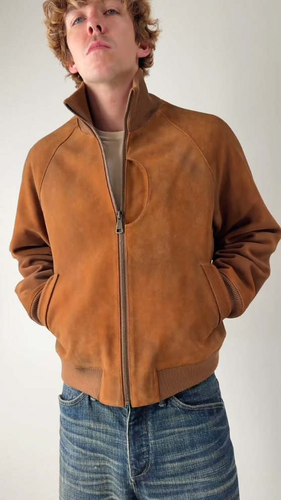 Men's Retro Suede Stand Collar Bomber Jacket