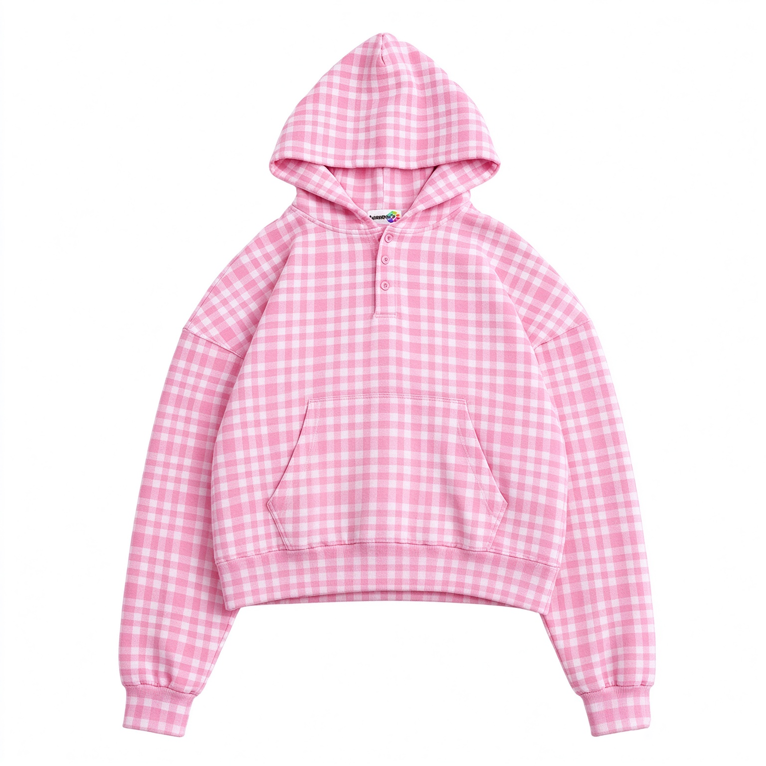 Unisex Cropped Plaid Henley Hoodie