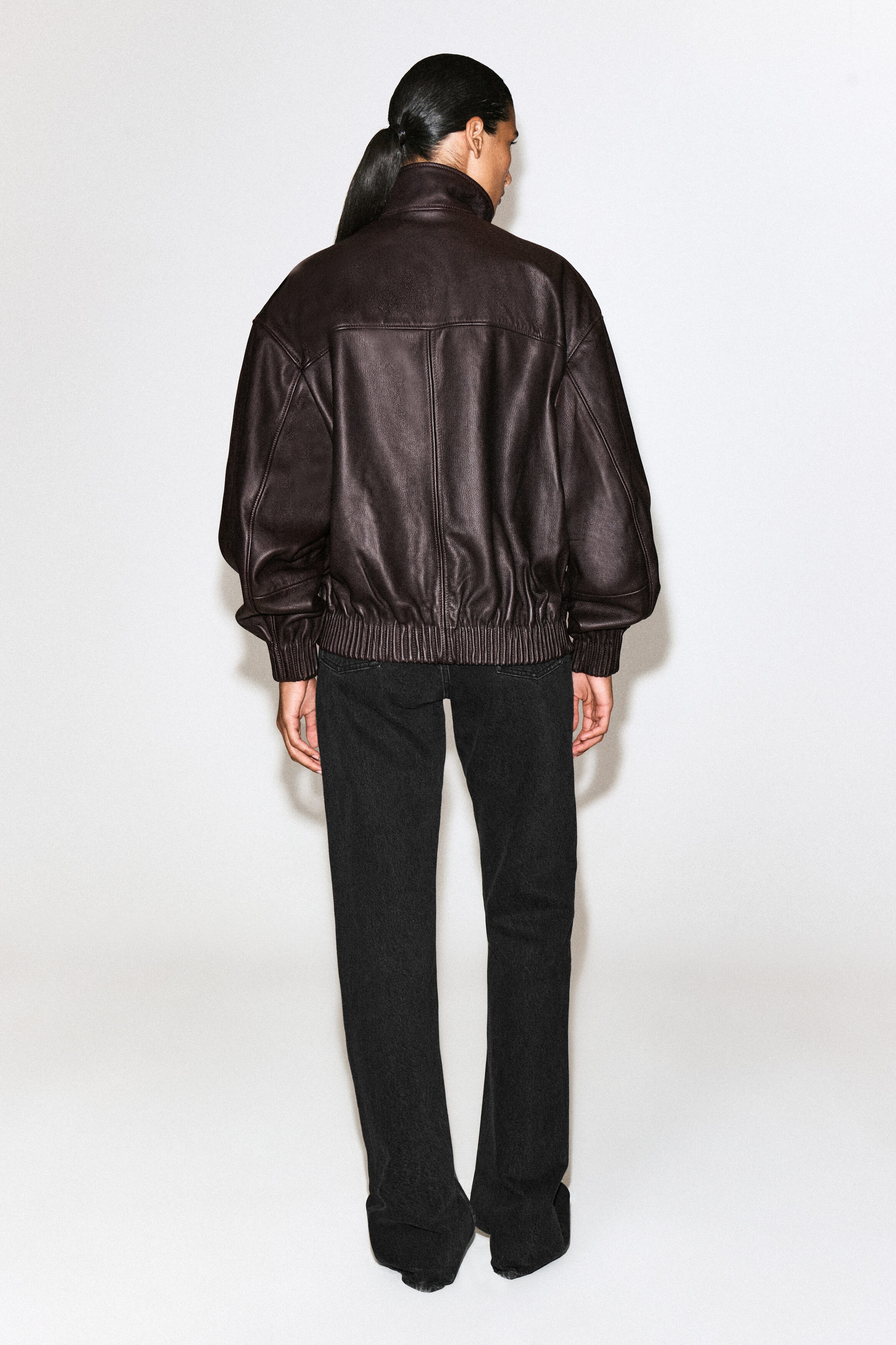 LEATHER MOCK-NECK BOMBER JACKET