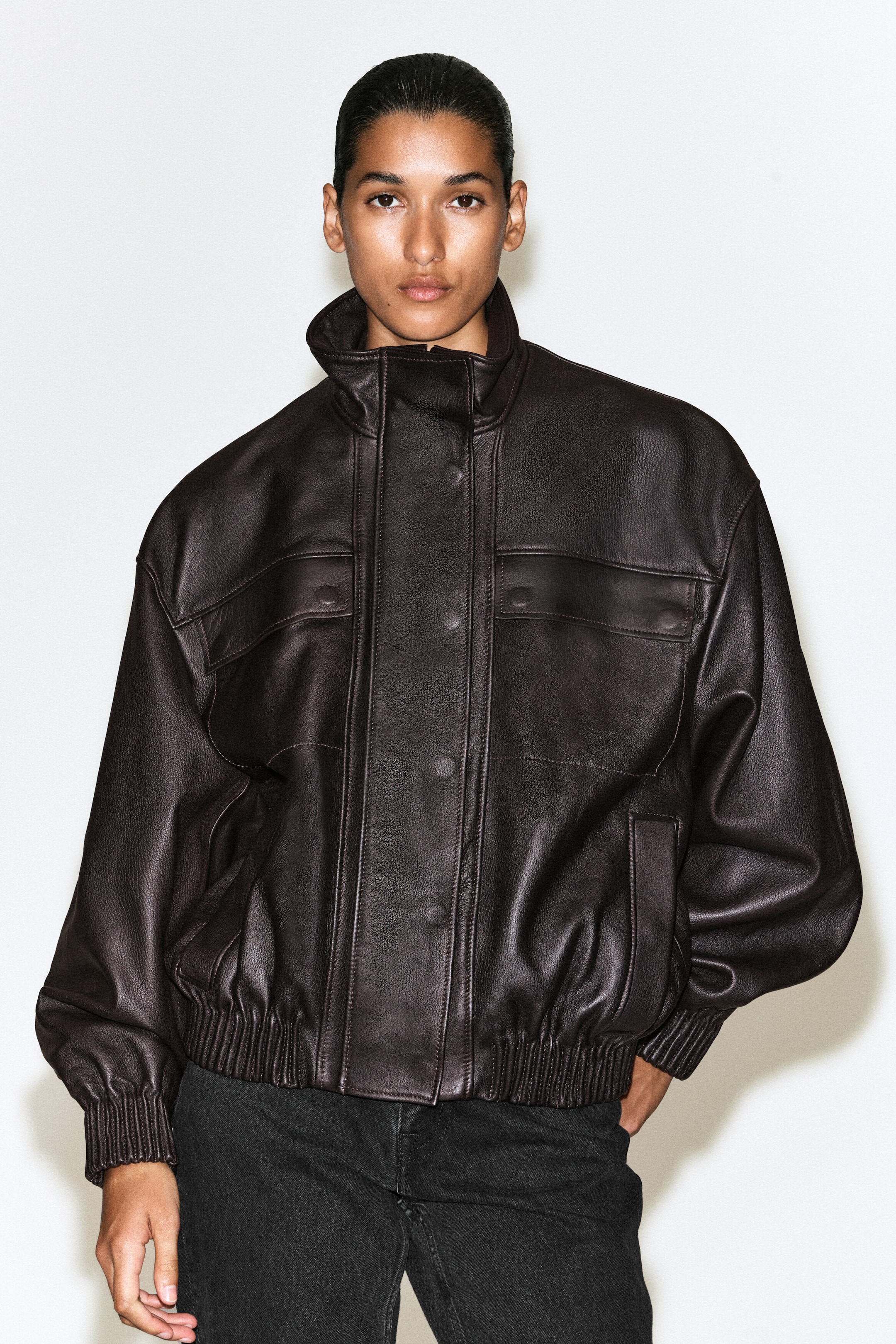 LEATHER MOCK-NECK BOMBER JACKET