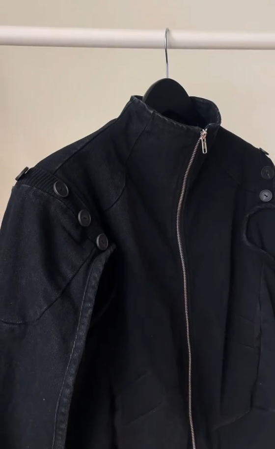 Vintage Washed Cutout Shoulder Zip Up Jacket, Stand Collar Streetwear