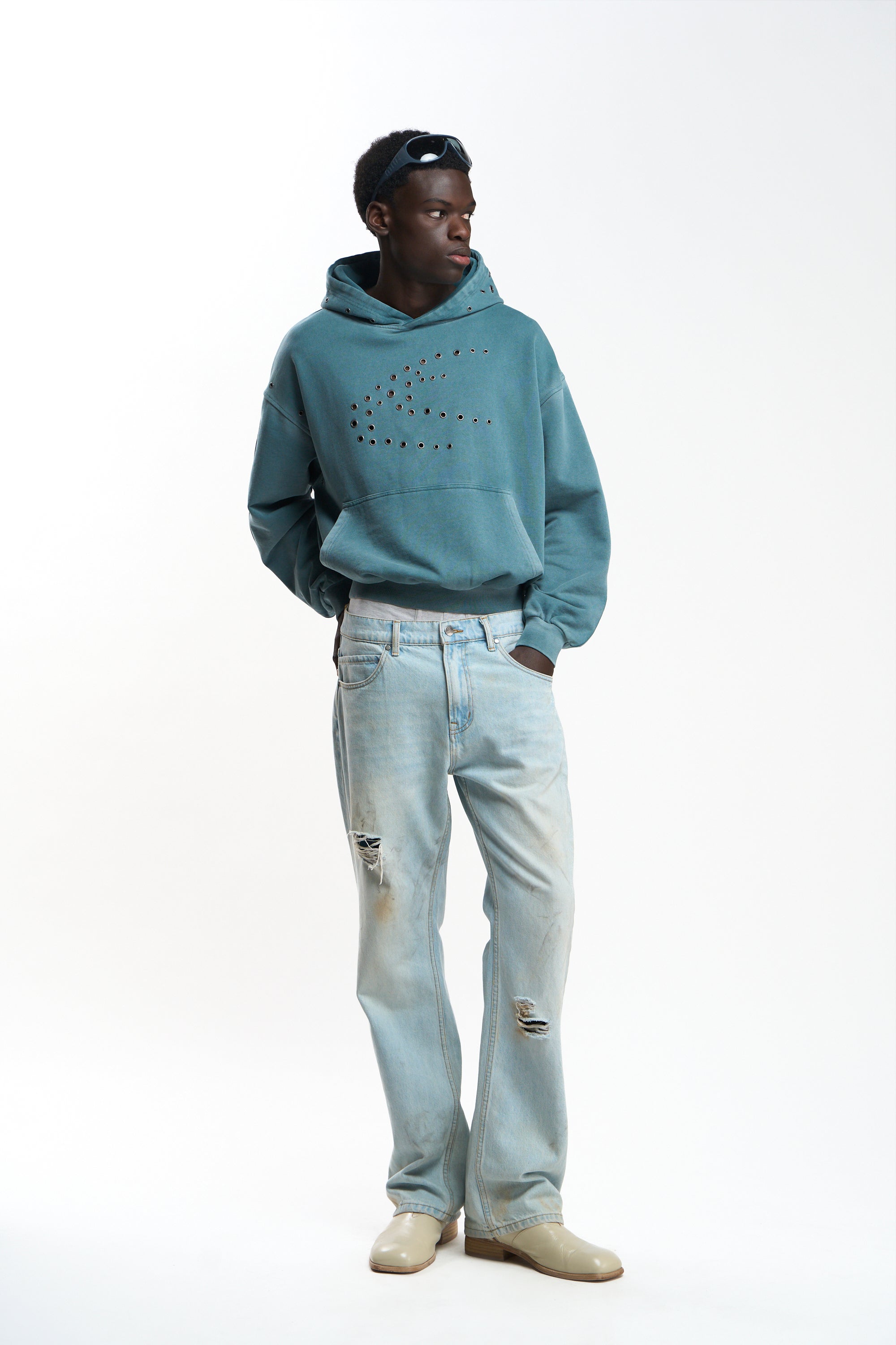 Washed Teal Metal Eyelet Hoodie