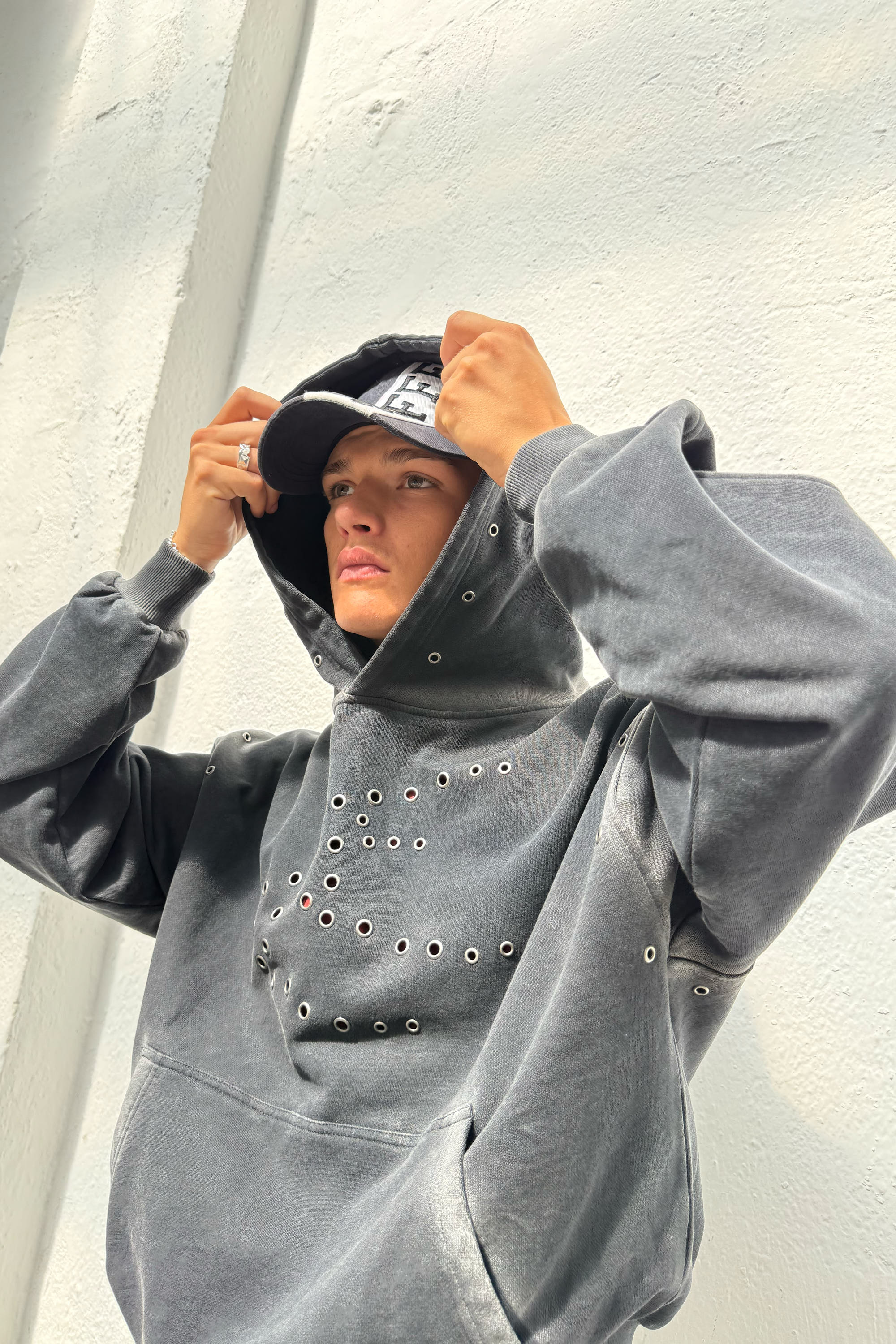 Washed Teal Metal Eyelet Hoodie