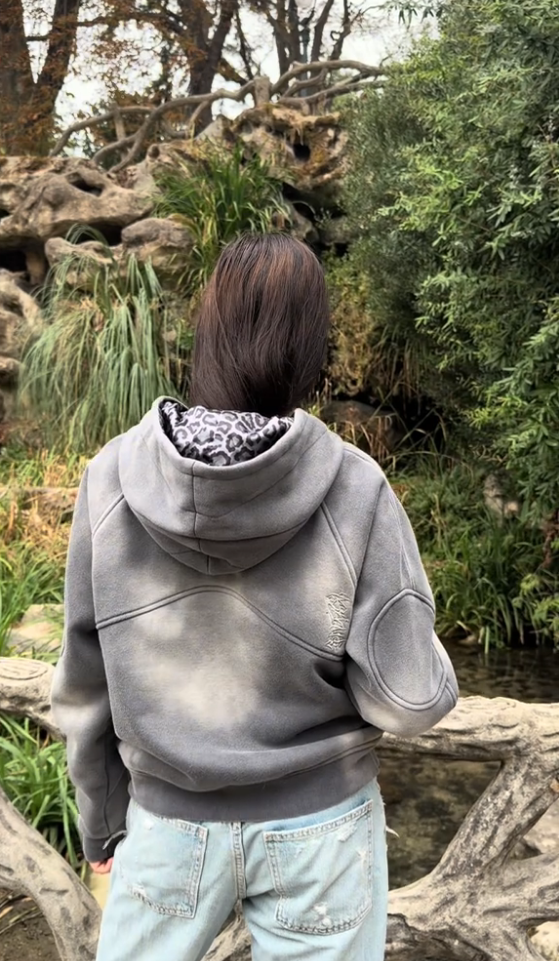 Wash Grey Zip Up Hoodie with Hidden Headphone Compartment & Arm Pocket