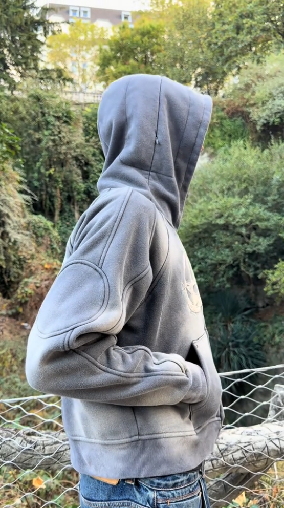 Wash Grey Zip Up Hoodie with Hidden Headphone Compartment & Arm Pocket